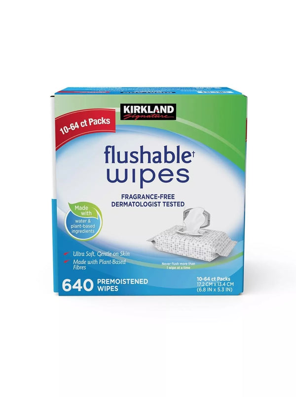 Kirkland Signature Moist Flushable Toilet Wipes Premoistened 64 Wipes (10 Pack)