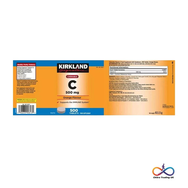 Kirkland Signature Vitamin Chewable C Orange Food Supplement 500mg - 500 Tablets