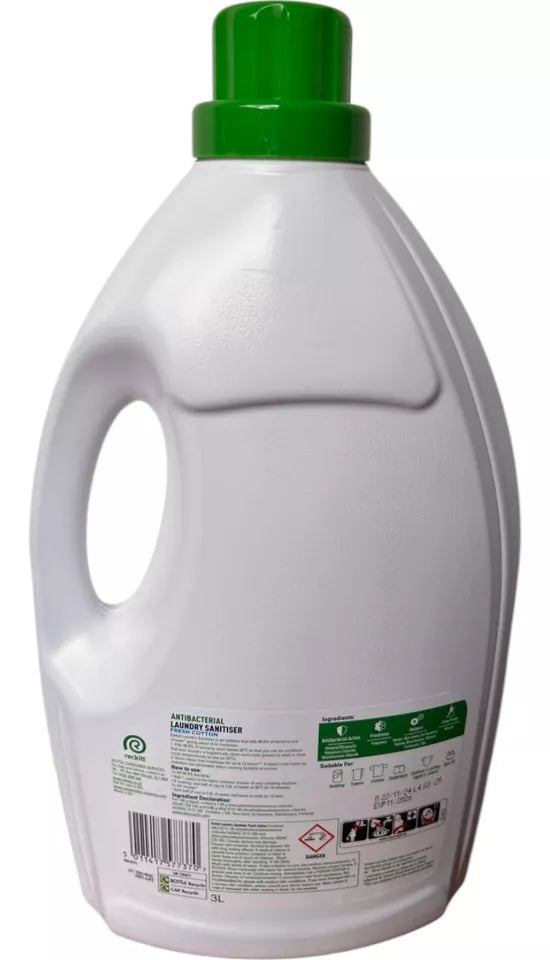 Dettol 3L Antibacterial Laundry Sanitiser Fresh Cotton Additive Hygiene Clean